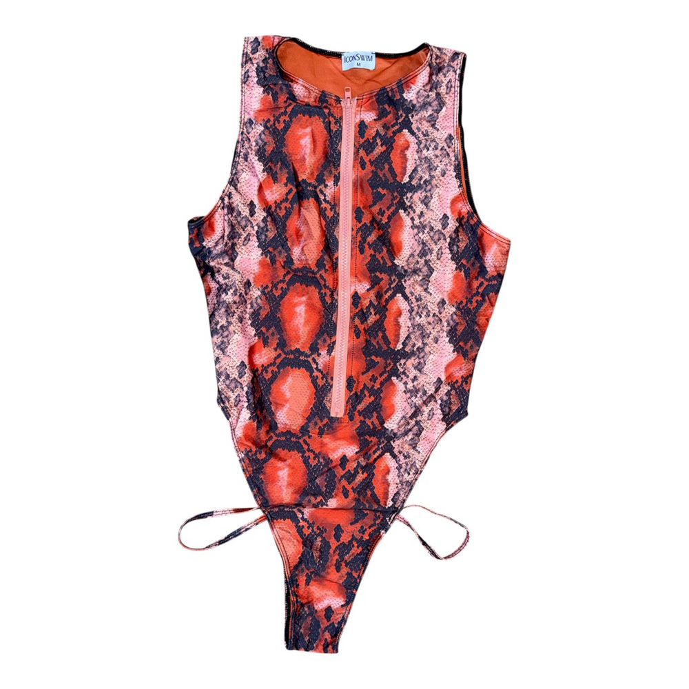 Icon Swim Snake Print Zip Front Swimsuit Size M